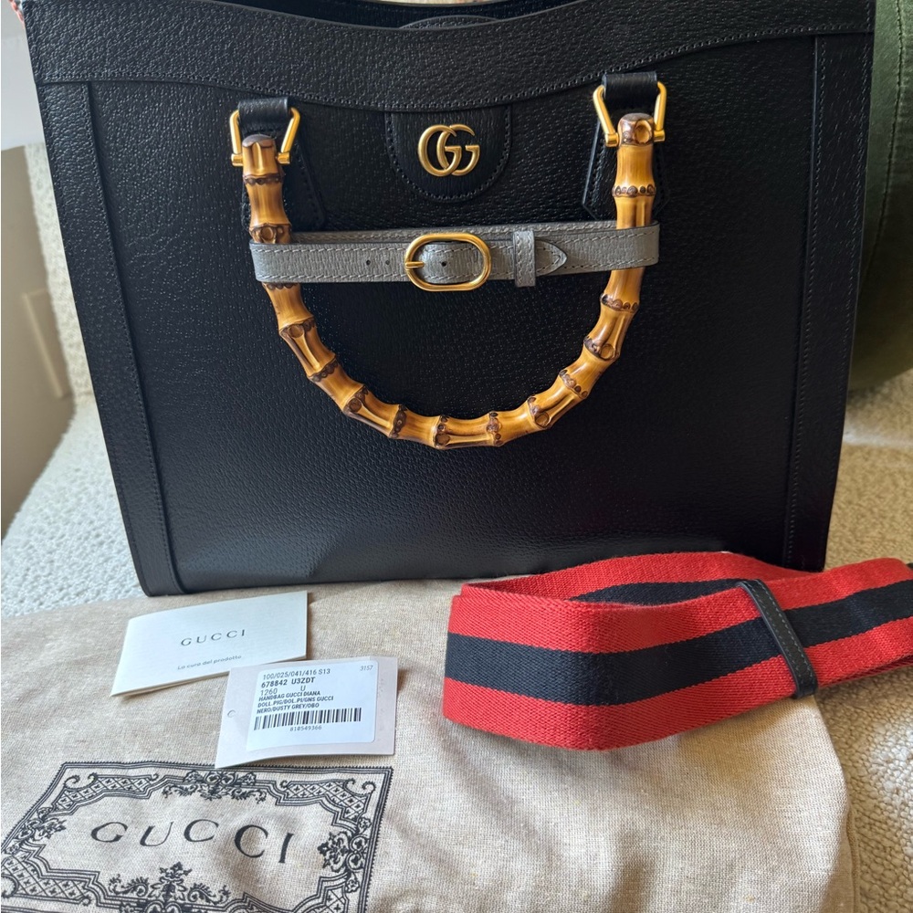 Gucci Black Tote with Bamboo and Red Strap